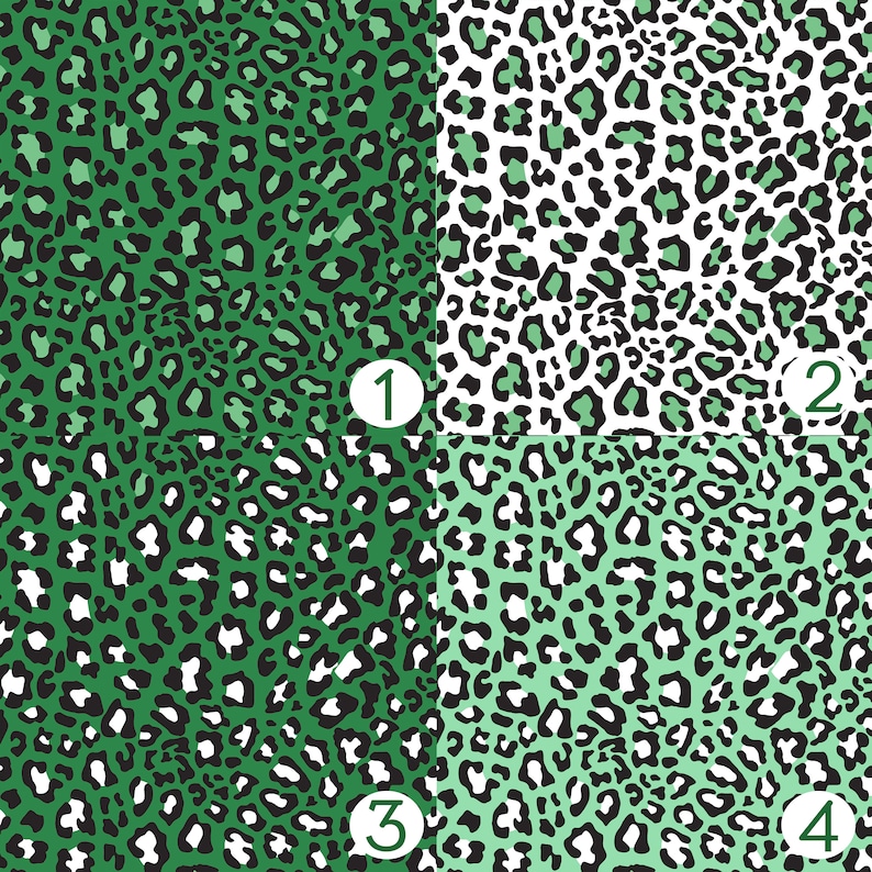May include: Four different green and white leopard print patterns. Each pattern is numbered 1 through 4.