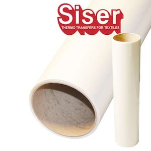 May include: A roll of white heat transfer vinyl for use on textiles. The vinyl is rolled up on a cardboard core and is shown next to a smaller roll of the same vinyl.