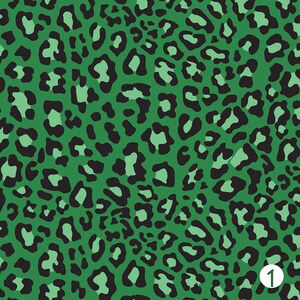 May include: Seamless pattern with a green background and black leopard print spots.