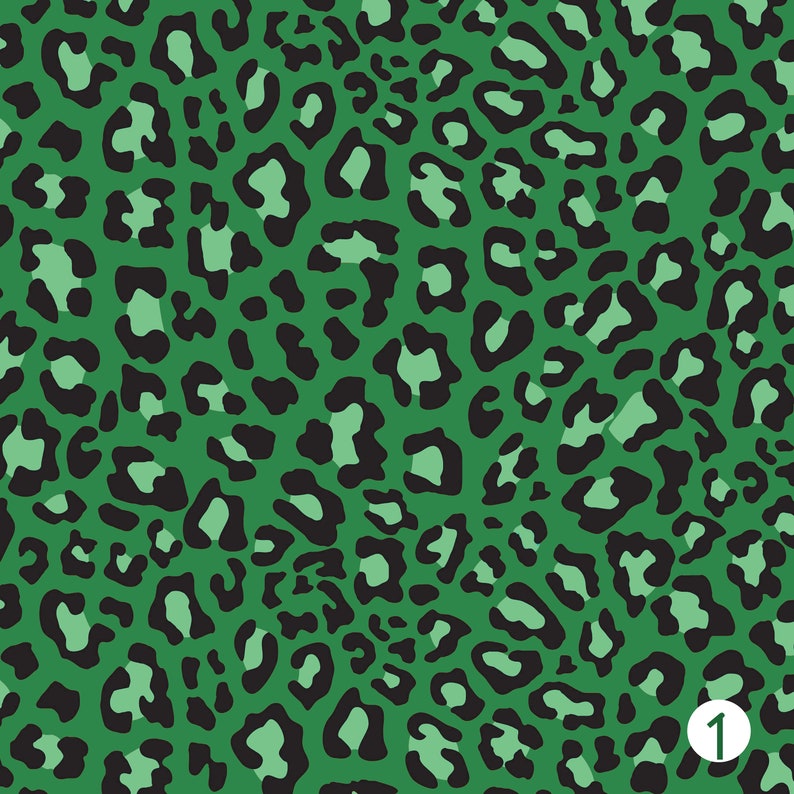 May include: Seamless pattern with a green background and black leopard print spots.