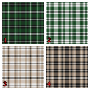 May include: Four different plaid patterns in green, white, beige, and black. The patterns are numbered 1 through 4.