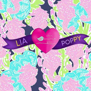 May include: A pink heart with a blue bird and the text "Vinyl Boutique Shop" on a navy blue background with a purple ribbon that says "LIA" on the left and "POPPY" on the right. The background is a repeating pattern of pink and blue seahorses.