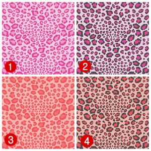 May include: Four different patterns of pink and red leopard print. The patterns are arranged in a grid with numbers 1 through 4 in red circles in the bottom left corner of each square.