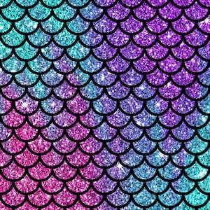 May include: A seamless pattern of iridescent mermaid scales in shades of blue, purple, and pink. The scales are made of glitter and have a shimmering effect.
