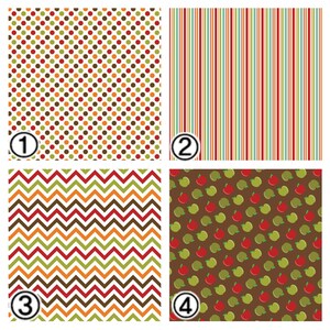 May include: Four different fabric patterns in a collage. The top left pattern is a white background with red, orange, green, and brown polka dots. The top right pattern is a white background with red, orange, green, and blue vertical stripes. The bottom left pattern is a white background with a chevron pattern in red, orange, green, and brown. The bottom right pattern is a brown background with green and red apples.