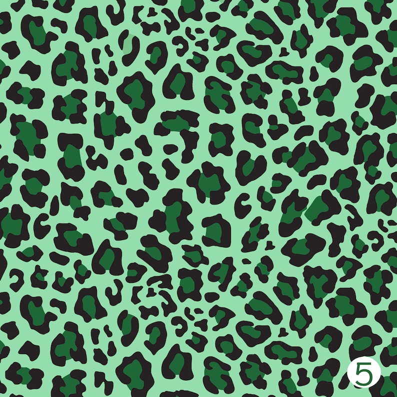 May include: Seamless pattern of green and black leopard print. The background is a light green color and the spots are a darker green color.