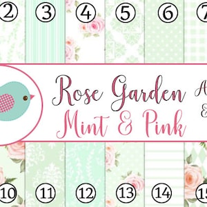 May include: A sheet of 16 adhesive vinyl designs featuring a mint green and pink color scheme with floral patterns and a small bird illustration. The text "Rose Garden Adhesive & HTV Mint & Pink" is printed on the sheet.