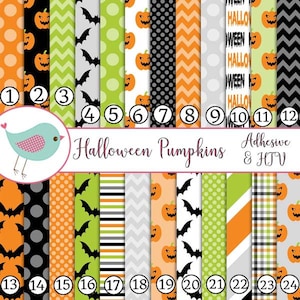 May include: A set of 24 digital papers featuring Halloween themes. The papers include pumpkins, bats, polka dots, stripes, and chevron patterns in black, orange, green, and white. The papers are labeled with numbers 1 through 24. The text "Halloween Pumpkins Adhesive & HTV" is also included.