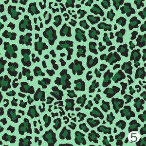 May include: Seamless pattern of green and black leopard print. The background is a light green color and the spots are a darker green color.