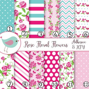 Rose Floral Pink Flowers l Vinyl Sheets Print Adhesive Vinyl Heat Transfer Craft Vinyl Pattern Vinyl - Vinyl Sheets HTV Tshirt