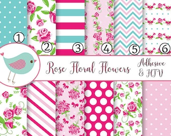 Rose Floral Pink Flowers l Vinyl Sheets Print Adhesive Vinyl Heat Transfer Craft Vinyl Pattern Vinyl - Vinyl Sheets HTV Tshirt