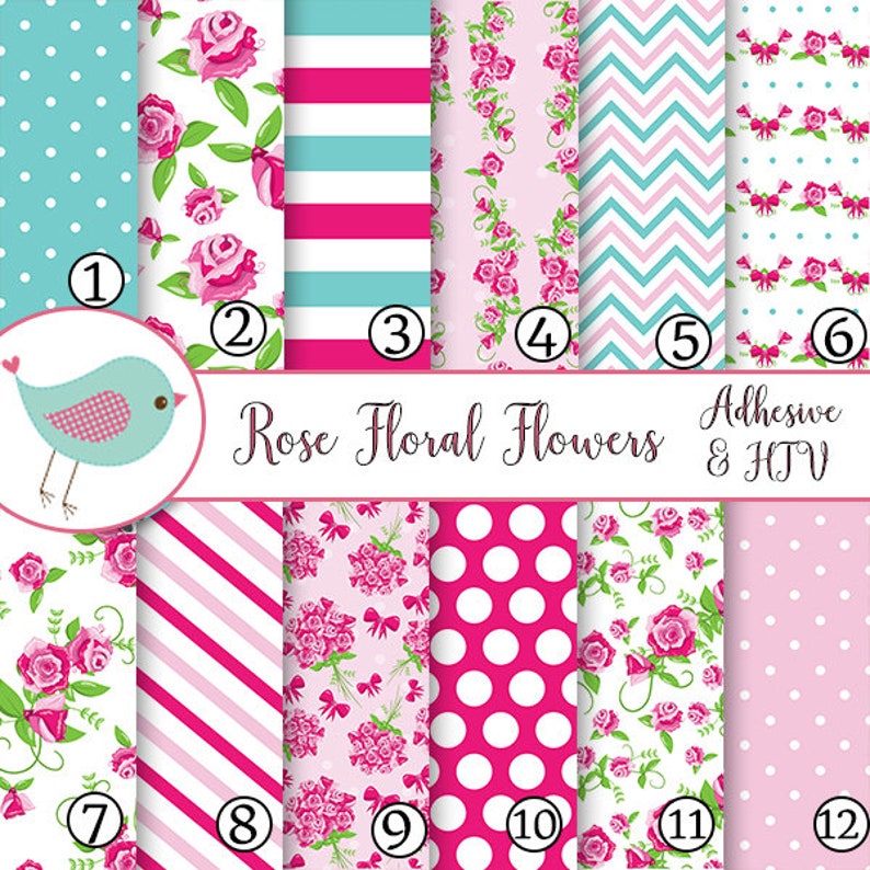 Rose Floral Pink Flowers l Vinyl Sheets Print Adhesive Vinyl Heat