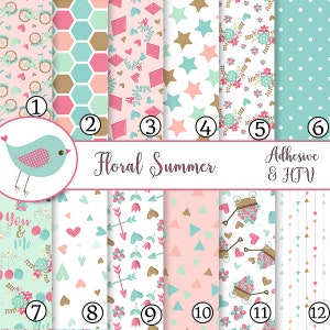 Floral Flowers Summer Pink Pastel Vinyl Sheets School Print Adhesive Vinyl Heat Transfer Craft Vinyl Pattern Vinyl - Vinyl Sheets HTV Tshirt