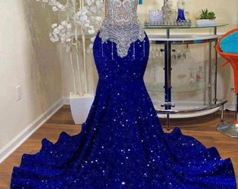 Luxury Royal blue rhinestone sequins dress ,reception dress, homecoming gown,mermaid dress,birthday dress,engagement dress, prom long dress