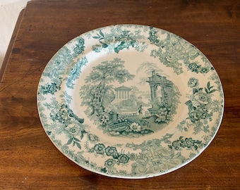 Pale teal green antique 1830-1840 Minton "Morea" stoneware large dinner / wall plates