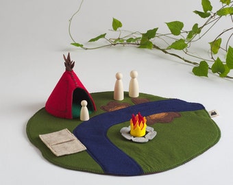 YARKON Felt Play Set | Preschool Toy | Wooden Peg Dolls | Travel Play Mat | Complete Set | Playscape | Felt Campfire | Quiet Activity