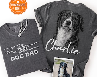 Personalized Dog Dad Comfort Colors Shirt, Custom Pet Photo & Name Tee, Sketch Dog Portrait T-Shirt, Father's Day Gift for Dog Lovers
