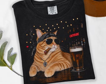 Comfort Colors® Cattitude Cat Shirt, Funny Gangster Cat Tee, Drunk Cat Graphic Shirt, Vintage Cat Lover Gift, Meme Cat Unisex Tee,Orange Cat