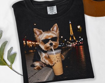 Funny Yorkie Paris Coffee Shirt, Yorkshire Terrier Iced Coffee Tee, Cute Dog Lover Gift, Paris Dog Graphic Tee, Animal Lover Shirt,Viral dog
