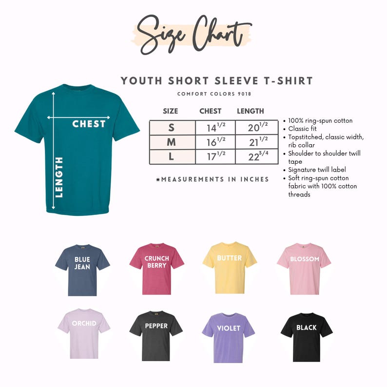 Puede incluir: Una tabla de tallas para camisetas de manga corta para j&oacute;venes en varios colores, incluyendo azul vaquero, crunch berry, mantequilla, blossom, orqu&iacute;dea, pimienta, violeta y negro. La tabla proporciona medidas de pecho y largo en pulgadas.