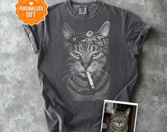 Custom Gangster Cat Shirt | Personalized Smoking Cat Tee From Your Pet Photo | Funny Comfort Colors Cat Lover Gift Shirt