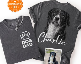 Personalized Dog Dad Comfort Colors Shirt, Custom Pet Photo & Name Tee, Sketch Dog Portrait T-Shirt, Father's Day Gift for Dog Lovers