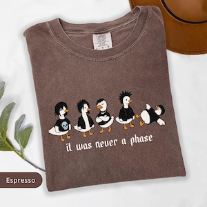 Puede incluir: Camiseta color espresso con un gr&aacute;fico de cinco patos de dibujos animados con atuendo punk. El texto "it was never a phase" est&aacute; impreso debajo. La camiseta tiene cuello redondo y la etiqueta de la marca Comfort Colors.