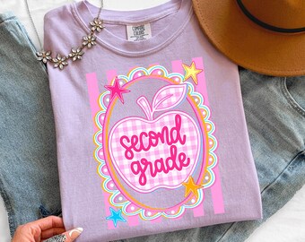 Comfort Colors Back to School Shirt, Grade Level Apple Shirt, Pink Gingham Preppy School Shirt, Kindergarten First Second Third Grade Tee