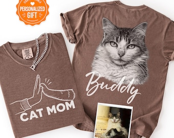 Custom Cat Portrait Shirt from Photo, Personalized Cat Mom Shirt, Comfort Colors Tee, Pet Memorial Gift, Cat Lover Gift, Pet Name Tee