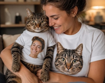 Matching Owner and Pet Shirts, Custom Photo Cat Dog Tee, Face Swap Pet Shirt, Funny Pet Mom Dad Gift, Personalized Pet Portrait Tee