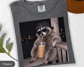 Comfort Colors Raccoon Iced Coffee Shirt, Funny Animal Meme Tee, Coffee Lover Graphic T-Shirt, Cute Trash Panda Gift for Men Women