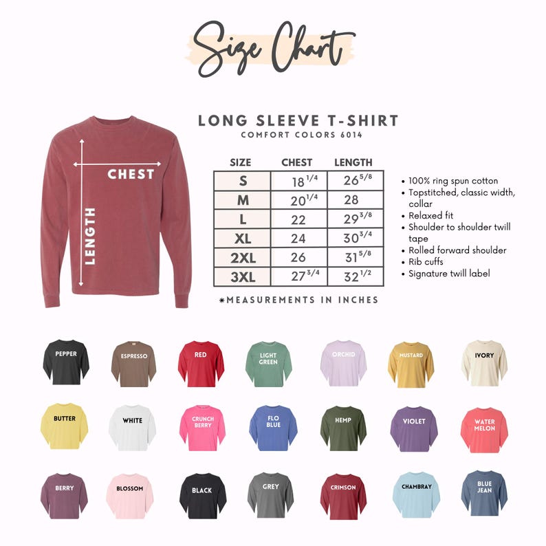 Puede incluir: Tabla de tallas para una camiseta de manga larga, con medidas en pulgadas. La tabla incluye tallas de la S a la 3XL, medidas de pecho y largo, y opciones de color como pimienta, rojo y azul vaquero. La camiseta est&aacute; hecha de 100% algod&oacute;n hilado en anillo.