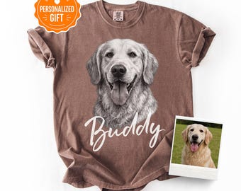Personalized Dog Portrait Comfort Colors Shirt, Custom Pet Photo Tee, Sketch Style Dog Face Shirt with Name, Dog Lover Gift, Dog Mom Dad Tee