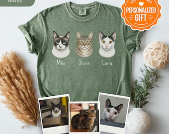 Custom Cat Portrait Shirt from Photo, Personalized Multi Pet Tee, Cat Mom Dad Family Gift, 2 or 3 Cats Comfort Colors Unisex Shirt