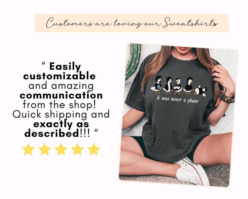 Puede incluir: Sudadera gris oscuro con un gr&aacute;fico de cinco patos de dibujos animados con diferentes peinados y la frase "it was never a phase". El banner superior dice "Customers are loving our Sweatshirts."