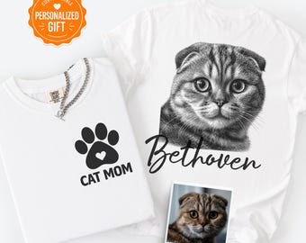 Custom Cat Portrait Shirt from Photo, Personalized Cat Mom Shirt, Comfort Colors Tee, Pet Memorial Gift, Cat Lover Gift, Pet Name Tee