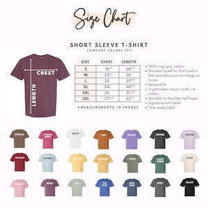 Puede incluir: Tabla de tallas para camisetas de manga corta, con medidas de pecho y largo en pulgadas. Tallas de S a 3XL. Colores: Espresso, Crunch Berry, Blanco, Yam, Violeta, Pepper, etc. Medidas en pulgadas.