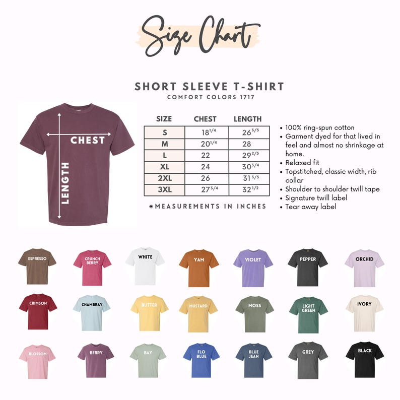 Puede incluir: Tabla de tallas para camisetas de manga corta, con medidas de pecho y largo en pulgadas. Tallas de S a 3XL. Colores: Espresso, Crunch Berry, Blanco, Yam, Violeta, Pepper, etc. Medidas en pulgadas.