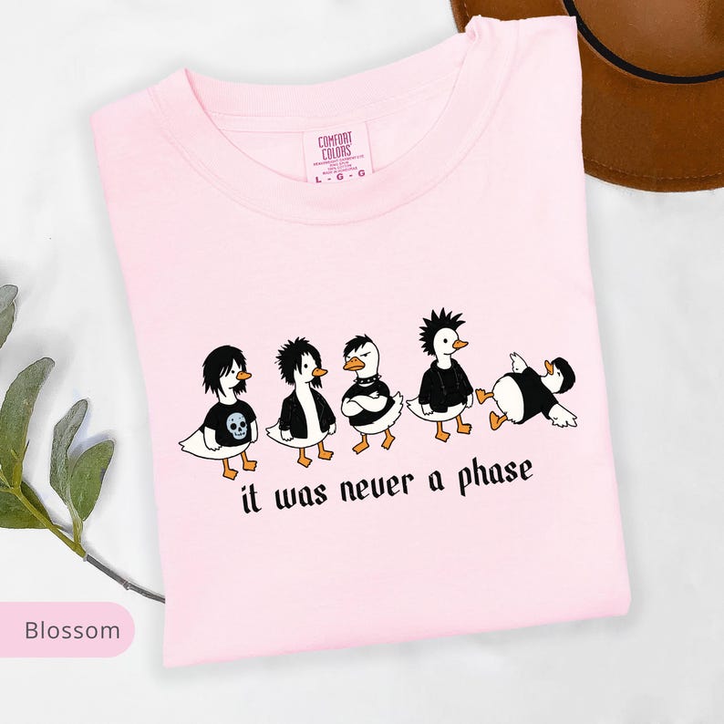 Puede incluir: Camiseta rosa claro con un gr&aacute;fico de cinco patos de dibujos animados vestidos con atuendos punk rock. El texto "it was never a phase" est&aacute; impreso debajo. La camiseta tiene cuello redondo y la etiqueta de la marca "Comfort Colors" es visible.