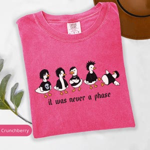 Puede incluir: Una camiseta rosa con cuello redondo y la frase "it was never a phase". El dise&ntilde;o presenta cinco patos de dibujos animados vestidos con atuendos alternativos. La etiqueta Comfort Colors es visible. La camiseta es de un tono rosa vibrante.