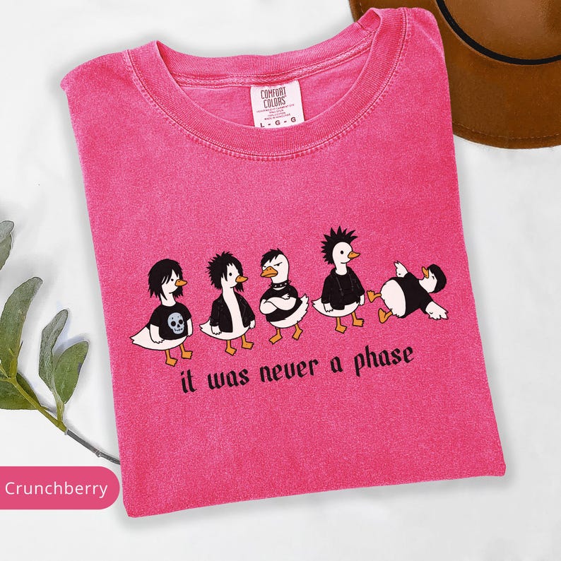 Puede incluir: Una camiseta rosa con cuello redondo y la frase "it was never a phase". El dise&ntilde;o presenta cinco patos de dibujos animados vestidos con atuendos alternativos. La etiqueta Comfort Colors es visible. La camiseta es de un tono rosa vibrante.