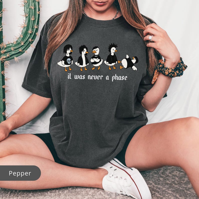 Puede incluir: Camiseta gris oscuro con un gr&aacute;fico de cinco patos punk rock y la frase "it was never a phase". Los patos tienen pelo negro y accesorios, en varias poses.