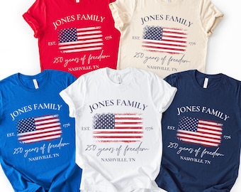 Custom Family 4th of July Shirt, Personalized America 250th Tee, Patriotic Matching Independence Day USA Flag Shirt, Custom Locations