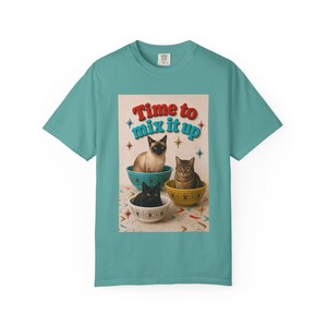 Retro-T-Shirt mit Katzen-Rührschüsseln, Mid-Century-Modern-T-Shirt mit Kätzchen-Grafik, Vintage-Shirt mit Atom-Muster, lustiges Geschenk für Tierliebhaber