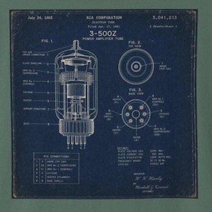 Peut inclure: Un brevet bleu foncé pour un tube amplificateur de puissance électronique RCA Corporation 3-500Z daté du 24 juillet 1962. Le dessin technique présente trois figures montrant les vues latérale, supérieure et de base avec des étiquettes.