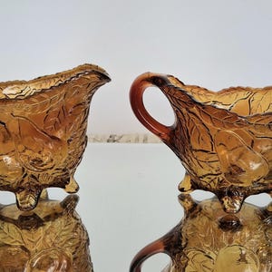 Vintage Tiara Indiana Glass Amber or Burnt Honey pressed glass creamer and sugar set in the &quot;Sweet Pear&quot; pattern. Shipping included.