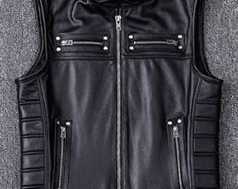 BIKER LEATHER VEST, Motorcycle Vest, Inner Viscose Lining Soft Leather Vest, Comfortable Zipper Jacket Vest With Pockets