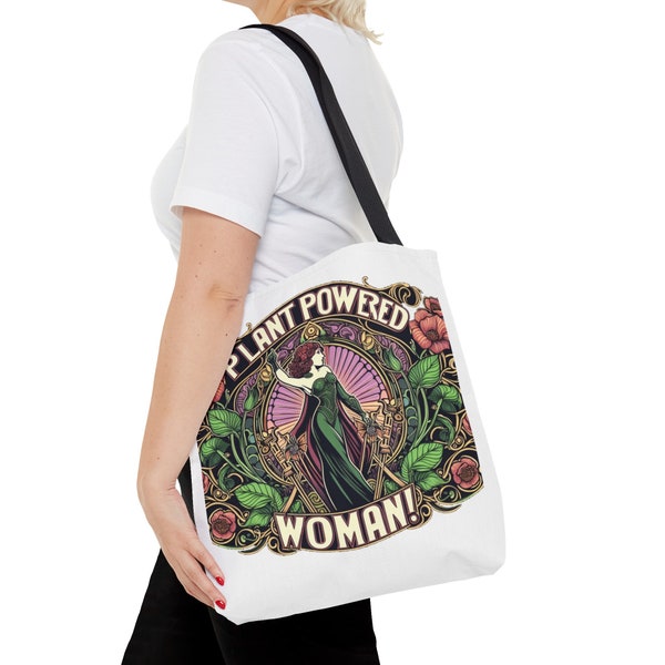 Plant Powered Woman Tote Bag / Vintage shoulder bag, Vegan tote bag, Strong women bag, Flower tote, Gifts for her