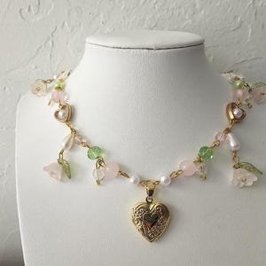 Heart Locket Necklace: Beaded Fairycore Jewelry with Flower Charm