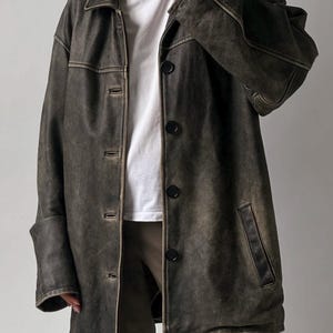 Manteau long en cuir à grain élevé pour femme, coupe droite avec fermeture à bouton, manteau vintage luxueux pour dames en cuir véritable délavé à l'acide, cadeau pour femme